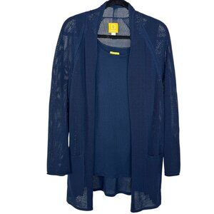 Damask Navy Blue Tank top and knit long cardigan set Pockets EUC Size M/L